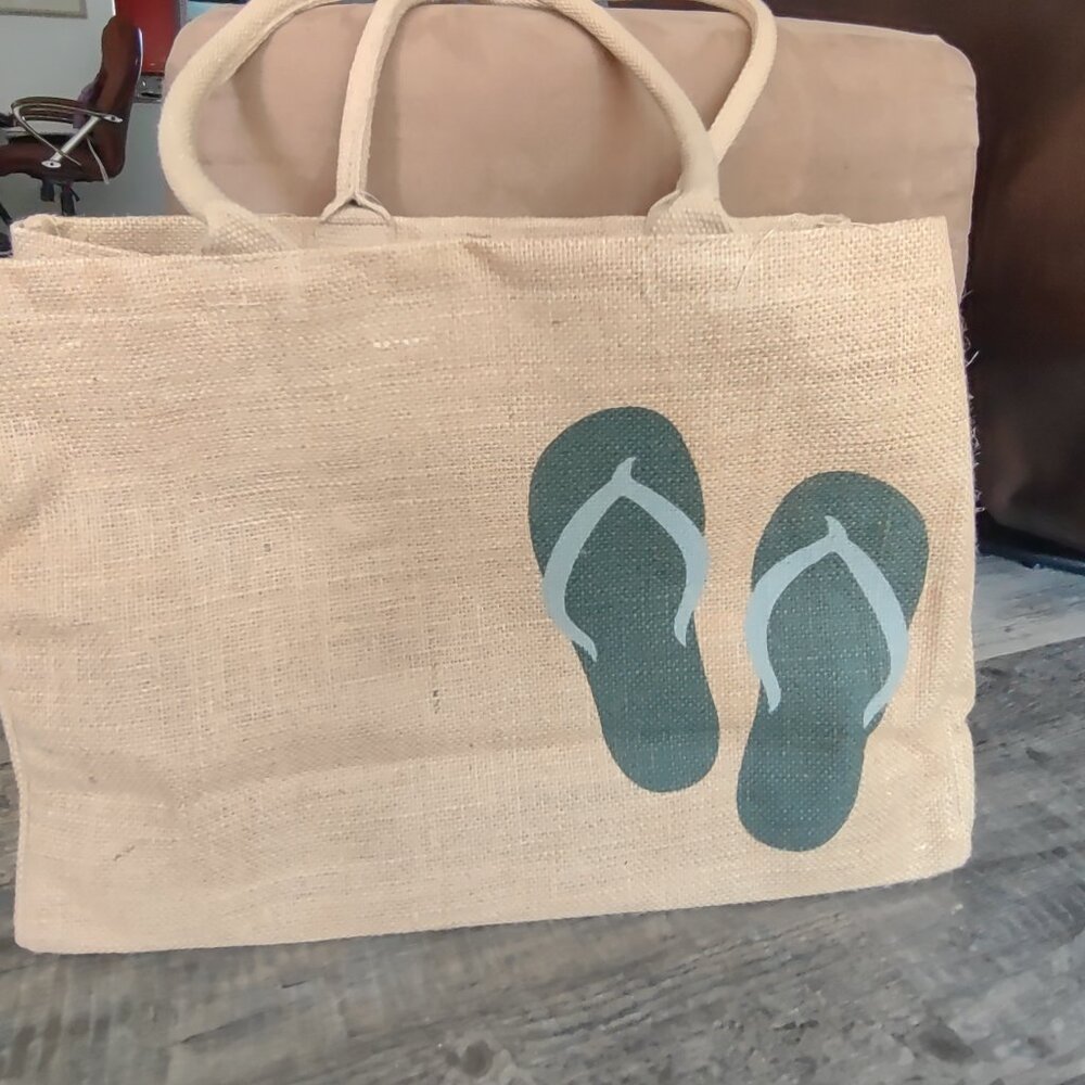 Jute Tote Bag w/ Handle Kaf Home  -  Flip Flops design-front